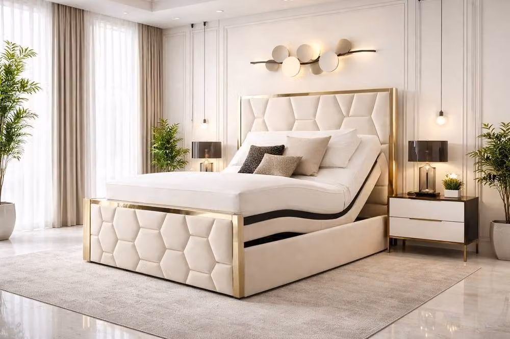 Paradise Beds Ltd Deluxe Electric Adjustable Mobility Bed with Memory Foam Mattress in Blue Velvet, W/D/H: 140 x 200 cm