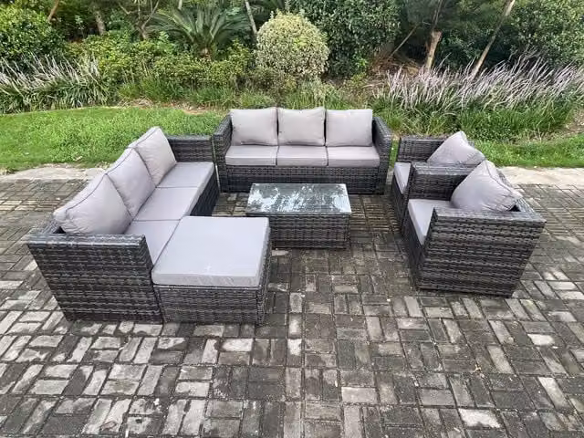 Fimous Outdoor Lounge Sofa Set in Dark Grey Mixed Rattan with 2 Armchairs, Oblong Coffee Table and Footstool