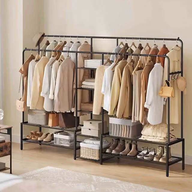 The Bazaarist Open Clothes Wardrobe with 9 Shelves and Double Hanging Rails, Black, H 195 x W 172.8 x D 45 cm