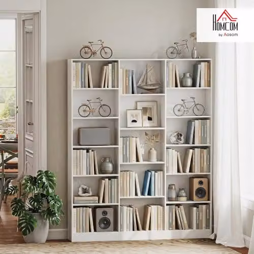 HOMCOM Freestanding 6-Tier Bookcase with 17 Compartments and Adjustable Shelves, White, W: 149 cm, D: 23.6 cm, H: 188 cm – 2