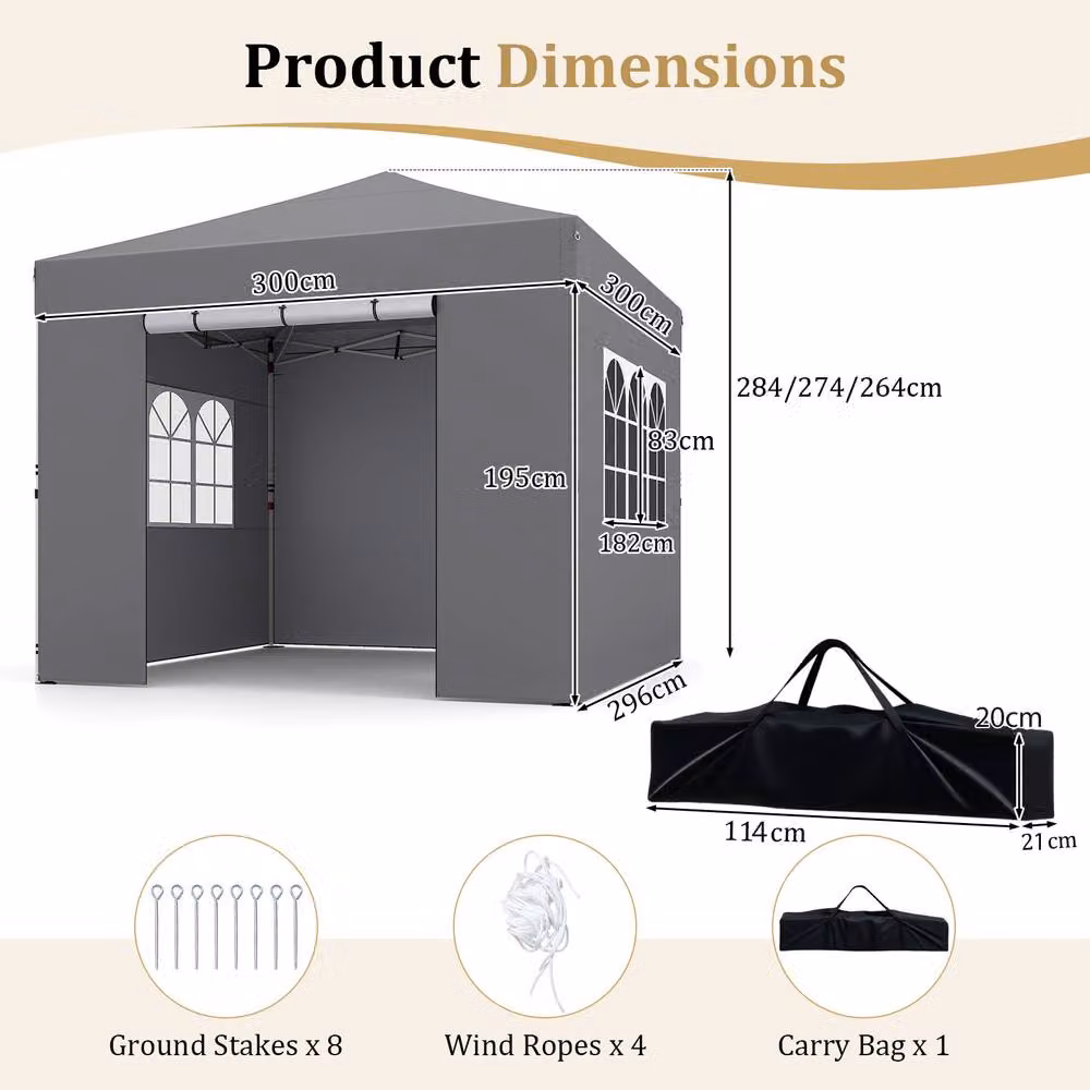 Gymax Grey Pop Up Commercial Gazebo with 4 Sidewalls, W: 300 cm, D: 300 cm, H: 284 cm – 2