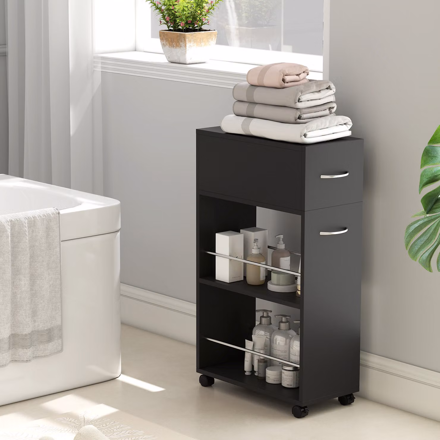 HOMCOM 3-Tier Rolling Kitchen Cart Trolley with Drawer and Surface Top, Black – 8
