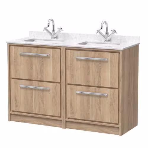Balterley Twin Basin Floor Standing Vanity Unit with Marble Top and 4 Soft Close Drawers, Light Oak, W: 122 cm, D: 47 cm, H: 87.8 cm