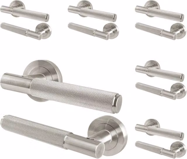 AFIT Satin Nickel Knurled Internal Lever Door Handles with Round Rose, 6 Pairs, Silver – 1