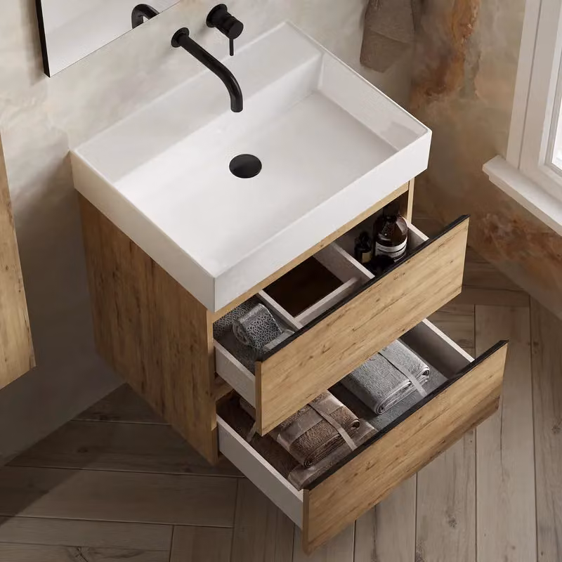 Banyetti Vatilla 600mm Wall Hung Vanity Unit with Veneto No Tap Hole Basin in Ostippo Light Oak – 3