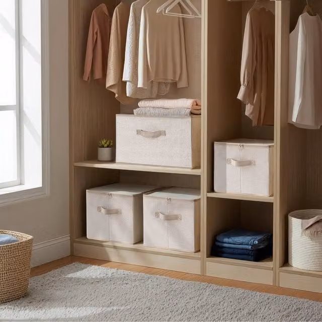 SONGMICS Set of 3 Foldable Fabric Storage Organiser Boxes with Lids and Handles, Brown