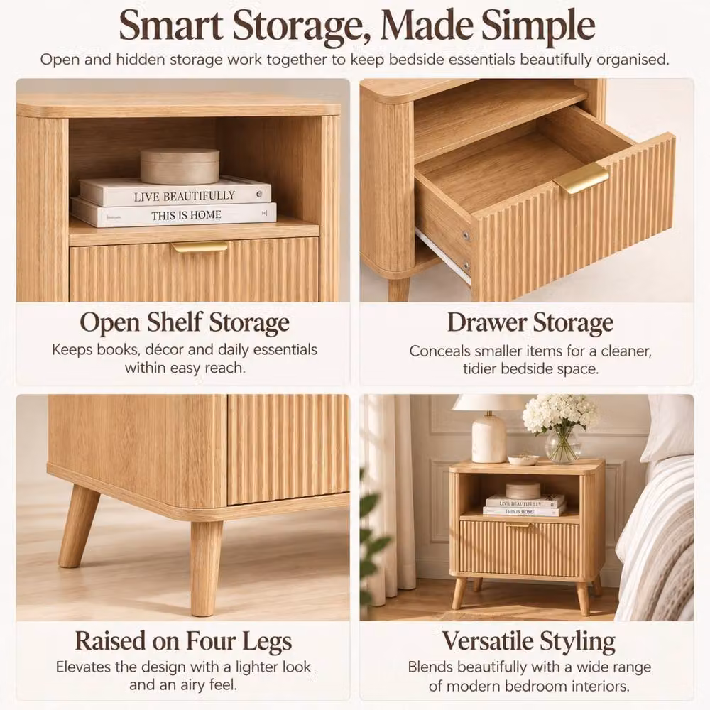 Merax Set of 2 Fluted Bedside Tables with Drawer and Open Shelf in Light Oak – 4