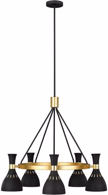 Loops 5 Bulb Modern Suspended Chandelier in Midnight Black and Burnished Brass with E27 LED Compatibility