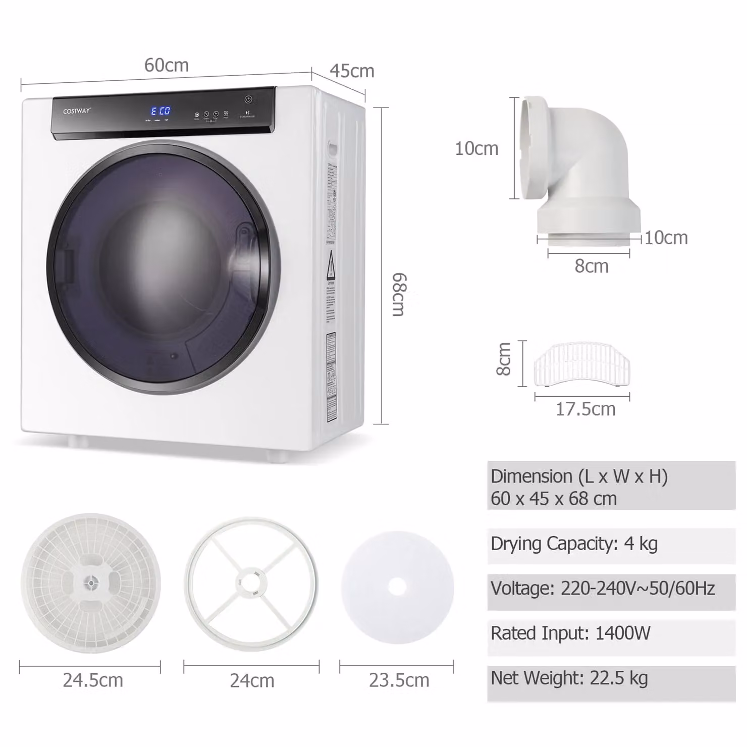 Costway 4kg Compact Electric Clothes Dryer with 3 Heating Options, 1400W, White – 2