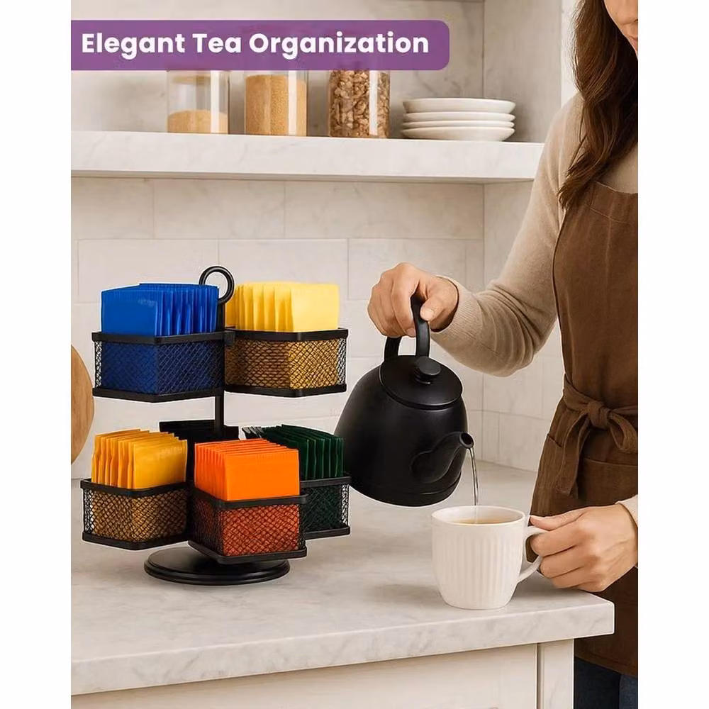 PAWNORA 360 Carousel 2 Tier Tea Bag Organiser and Milk Sugar Holder in Black Metal – 3