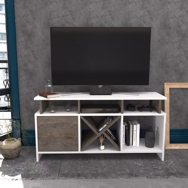 Decorotika Auburn Modern Geometric TV Unit in White and Brown, W: 120 cm