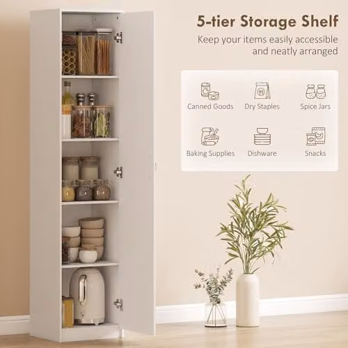 HOMCOM White 5-Tier Tall Kitchen Pantry Storage Cabinet with Soft-Close Hinged Doors, H 180 x W 35 x D 40 cm – 3