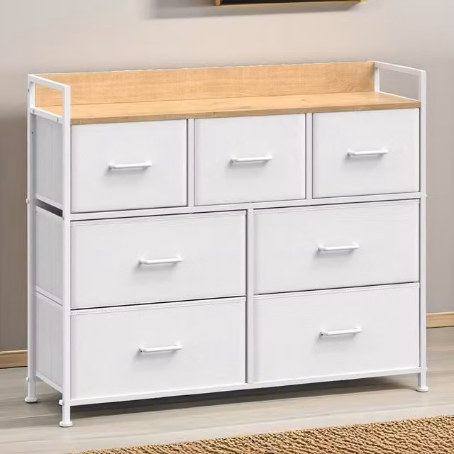 FURNOS Industrial Bedroom Chest with 7 Fabric Drawers in White