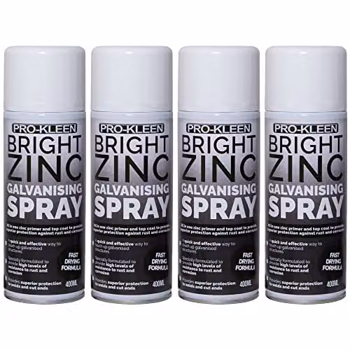 Pro-Kleen Bright Zinc Galvanising Spray Paint, 2-in-1 Primer and Top Coat for Metal, Silver, 4 x 400ml – 1