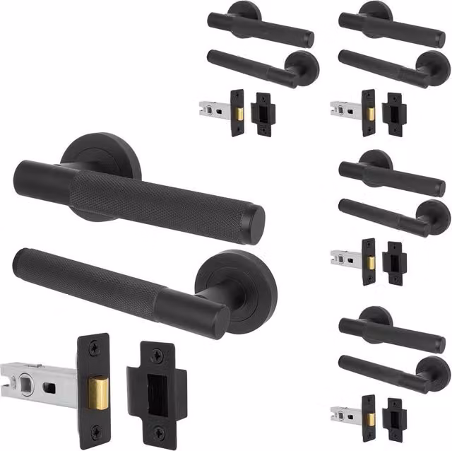 AFIT Matt Black Knurled Round Rose Door Handles with Latch, 5 Pairs, W/D/H: 15 x 15 x 1.5 cm – 1