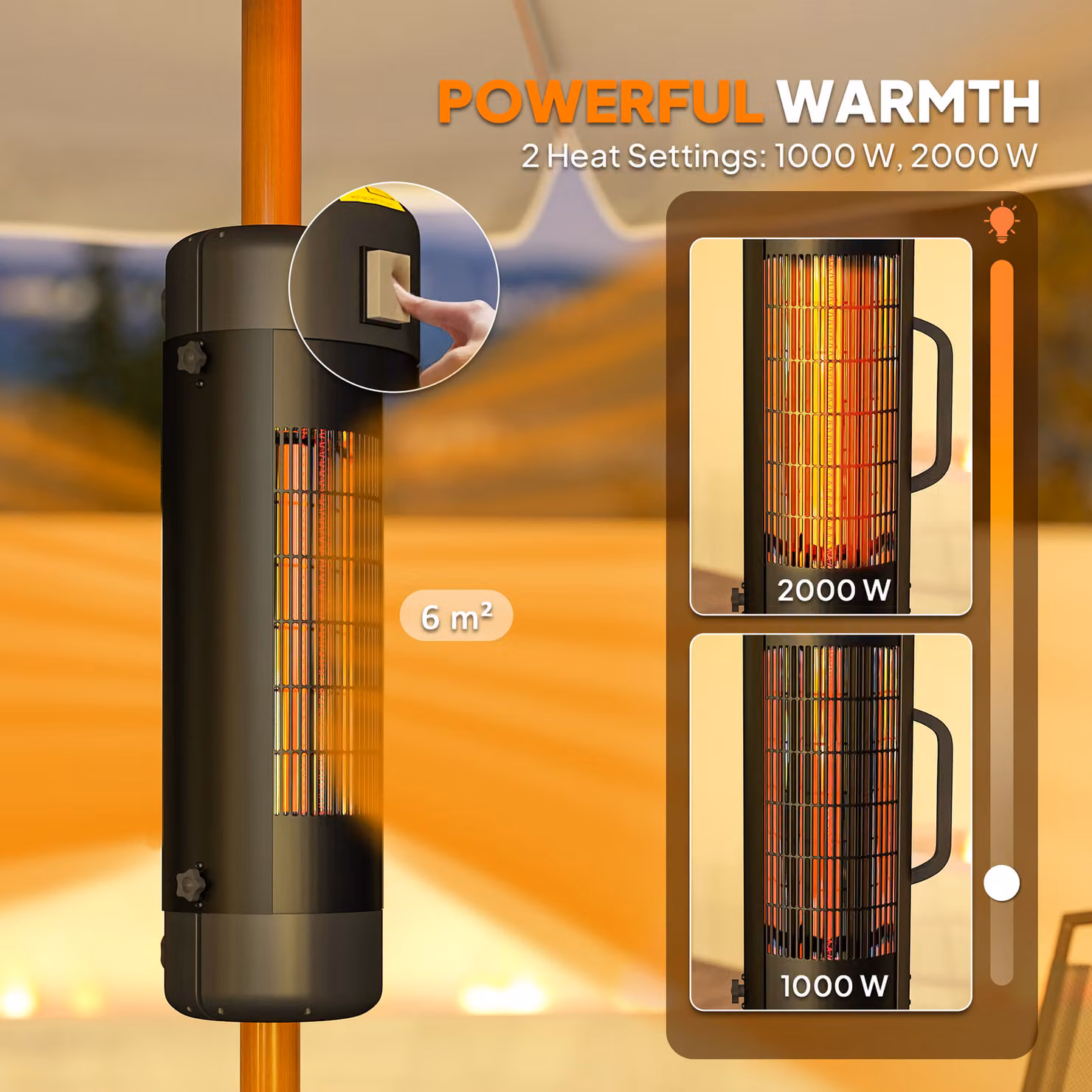 Outsunny Electric Umbrella Parasol Mounted Patio Heater, 2000 W Outdoor Garden Heater with 2 Heat Settings and 6 m2 Coverage, Black – 4