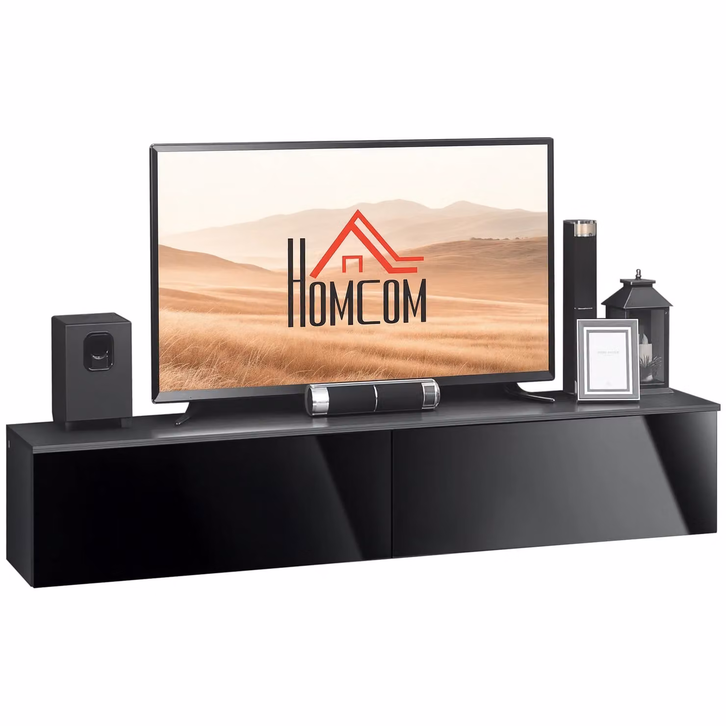 HOMCOM Modern Wall Mounted TV Stand Unit with High Gloss Effect and Hinged Doors in Black and Grey – 2
