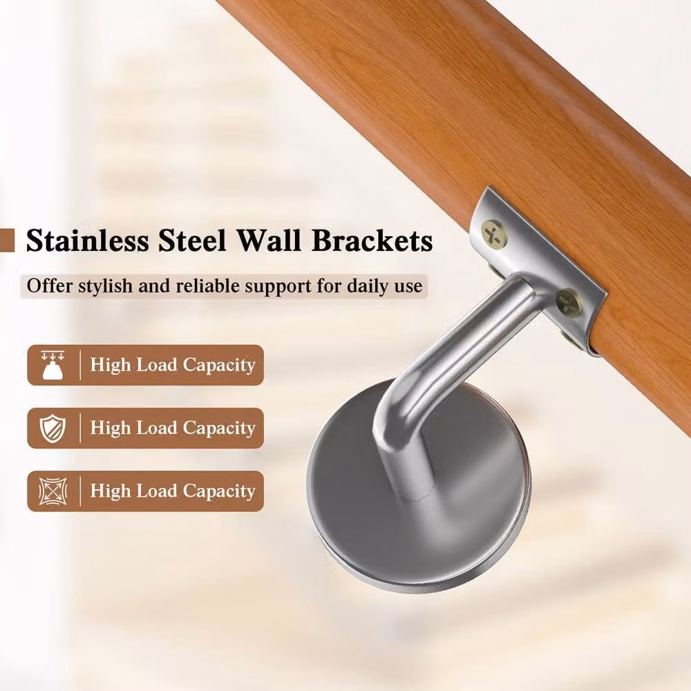 Gymax Beech Wood Staircase Handrail with Stainless Steel Wall Mount, Brown, Length: 100 cm – 4