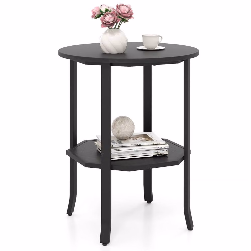 Costway 2-Tier Round Wooden Side Table with Storage Shelf in Black – 2