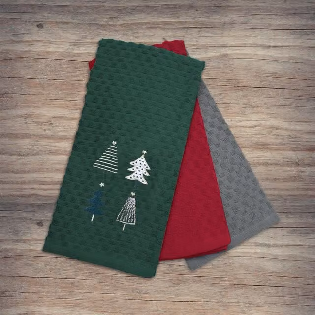 Noel Square Pack of 3 Highly Absorbent Cotton Tea Towels with Green Christmas Tree Graphic Design