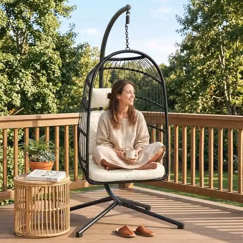 Outsunny Hanging Egg Chair with Stand and Cushions, Black and White – 7