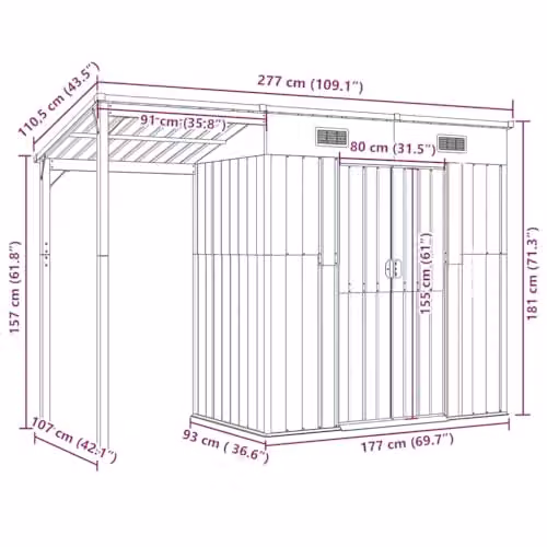 vidaXL Steel Garden Shed with Extended Pent Roof in Anthracite, W: 277 cm, D: 107 cm, H: 181 cm – 3