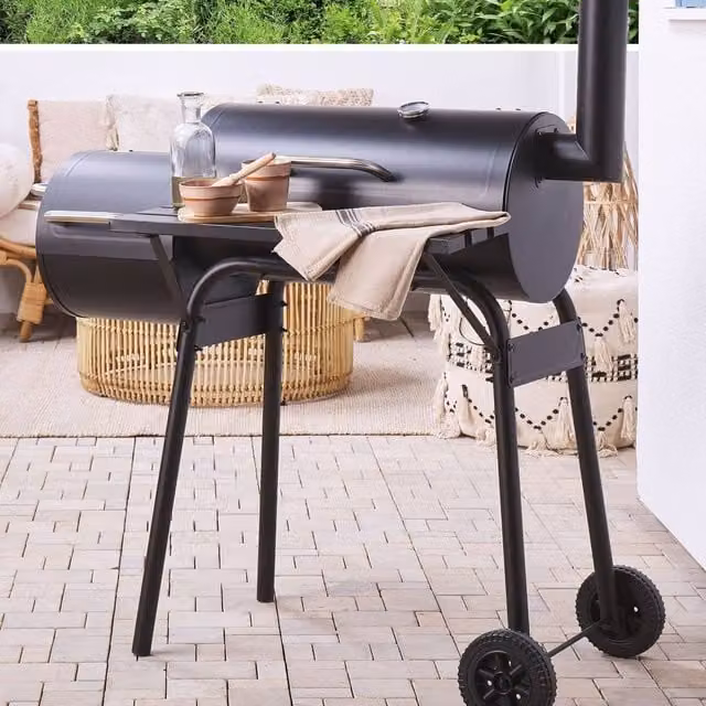 Wyld and Coco Offset Charcoal Smoker Grill with Lid, Thermometer and Wheels, Black, W/D/H: 115 x 51 x 113 cm – 1
