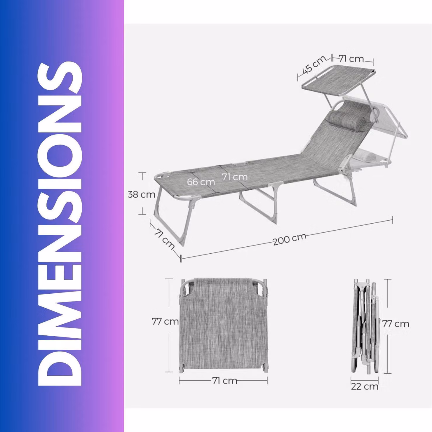 FURNOS Folding Sun Lounger for Garden in Grey with Sun Canopy and Adjustable Headrest – 2