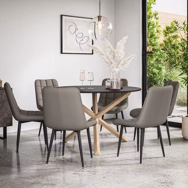 More4Homes Malvern Round Dining Table and 6 Nova Faux Leather Chairs Set, Black Table Top with Solid Oak Legs and Grey Chairs, Diameter: 120 cm, Height: 75 cm – 1