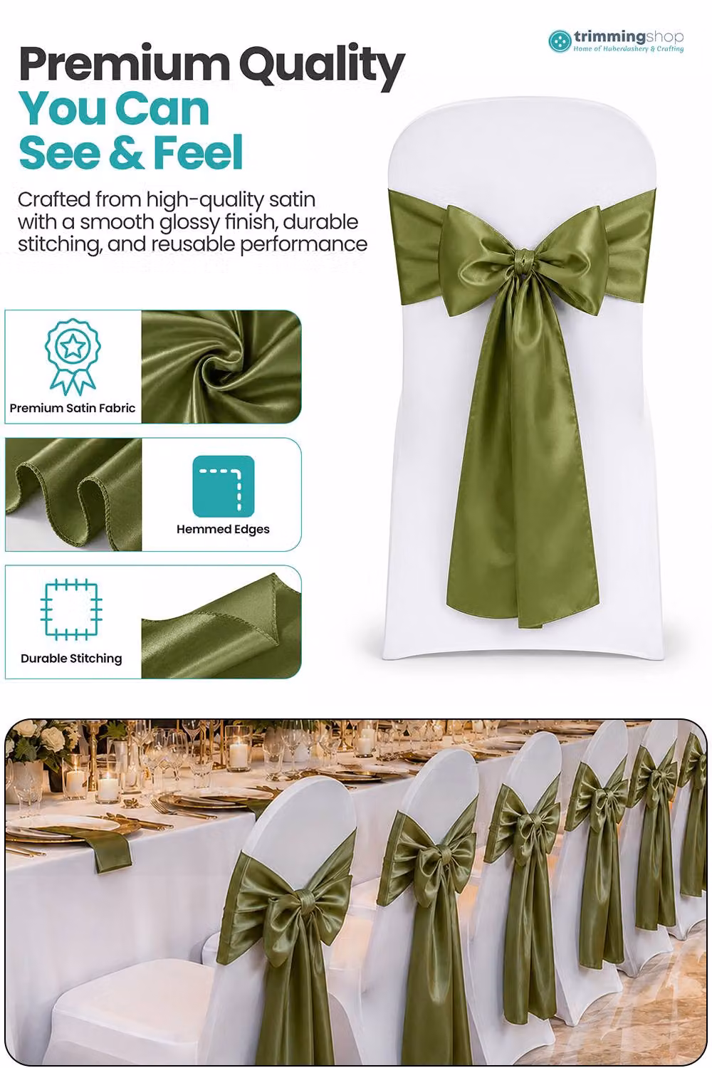 Neel Blue Sage Green Satin Chair Sashes for Weddings, 1pc, W: 7" x L: 108" – 4