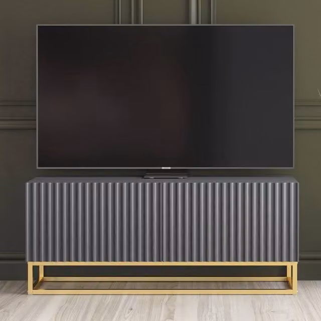 Mex Furniture LTD Ripple TV Unit in Dark Grey with Gold Fluted Doors, W: 100 cm, H: 45 cm, D: 35 cm