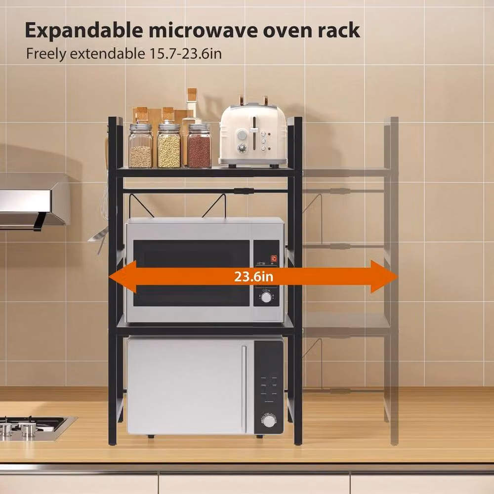 KORVIXA 3 Tier Expandable Metal Microwave Oven Rack Stand in Black, W/D/H: 100 x 36 x 60 cm – 3