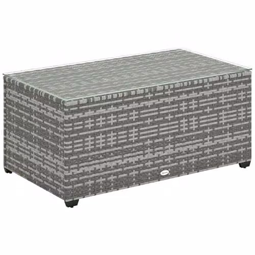 Outsunny Outdoor Rattan Coffee Table with Glass Top, Light Grey, W: 90 cm, D: 50 cm, H: 38 cm – 1