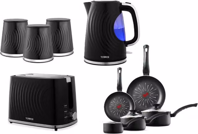 Tower Black Kitchen Set Including Sonar Kettle, 2 Slice Toaster, Canisters and 5 Piece Aluminium and Glass Pan Set – 1