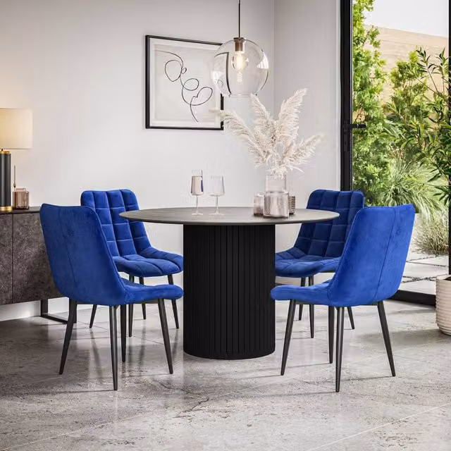 More4Homes Arlo Round Concrete Dining Table with Black Legs and 4 Blue Nova Velvet Dining Chairs Set
