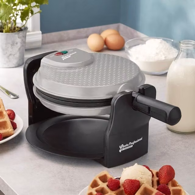 Cooks Professional Rotary Belgian Waffle Maker in Silver with Dishwasher Safe Parts – 1
