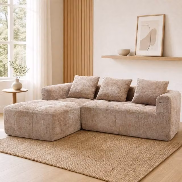 STILVORA Reversible Modular L-Shaped Fabric Sofa in Beige with Scatter Cushions