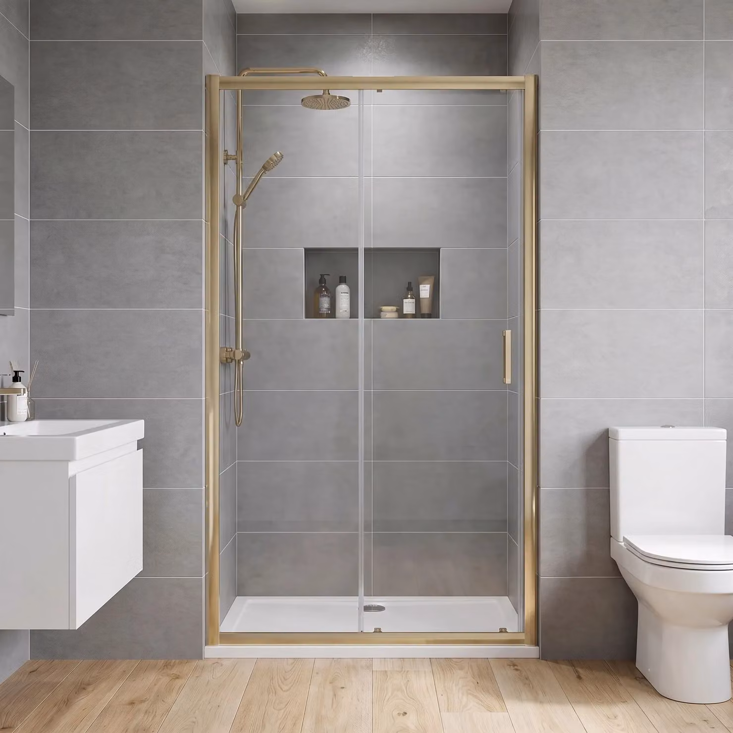 Balterley Reversible Sliding Shower Door with 6mm Safety Glass in Brushed Brass Gold, Width: 1000 mm – 2