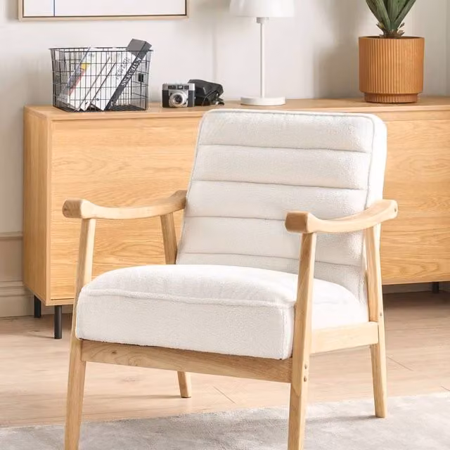 Wyld and Coco White Bouclé Retro Armchair with Rubberwood Armrests W: 62 cm, D: 74 cm, H: 79 cm