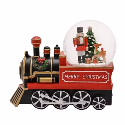 Widdop and Co Illuminated Steam Train Snow Globe Decorative Christmas Ornament in Red, Black and Multicolour, H: 16.0 cm, W: 8.0 cm, D: 8.0 cm