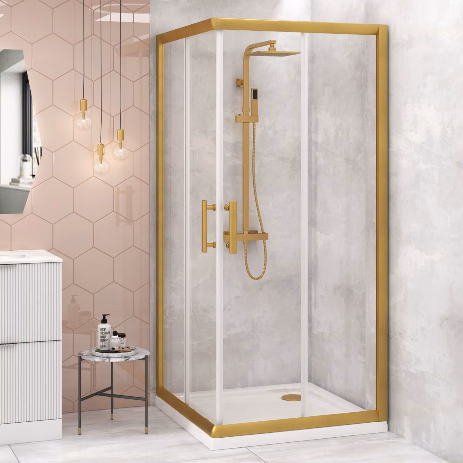 Royal Bathrooms Venice Square Corner Entry Sliding Door Shower Enclosure, Gold
