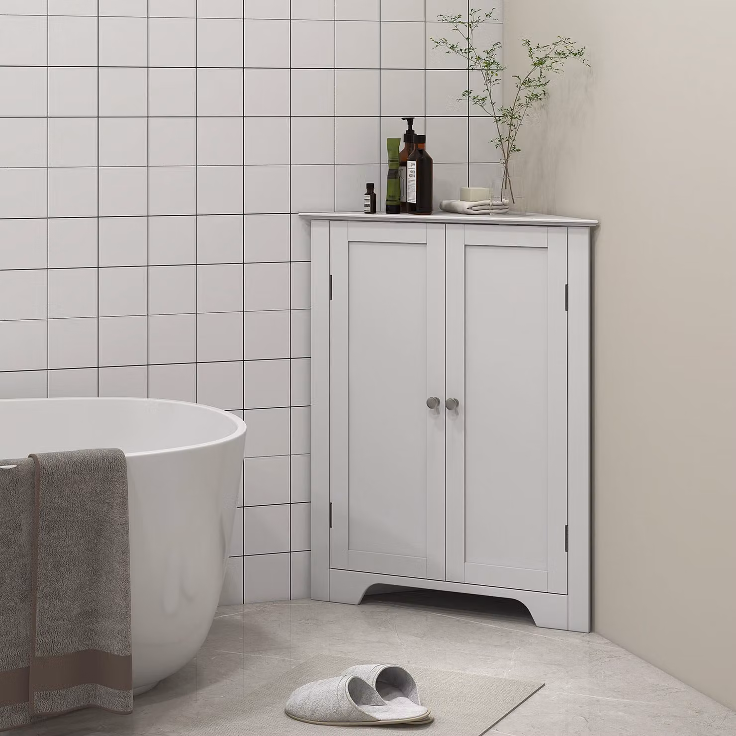 kleankin White Triangle Corner Bathroom Storage Cabinet with Adjustable Shelf and Recessed Hinged Door – 2