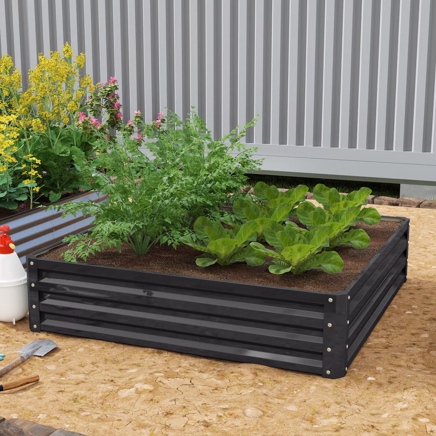Outsunny Raised Garden Bed Box with Weatherised Steel Frame for Vegetables, Flowers and Herbs, Grey, W/D/H: 120 x 120 x 30 cm – 2