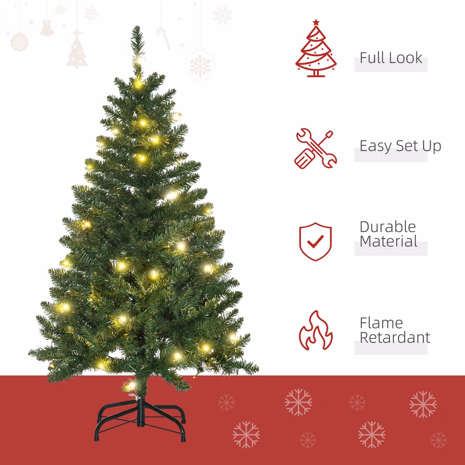 HOMCOM 4ft Prelit Artificial Christmas Tree with Warm White LED Lights, Green – 4