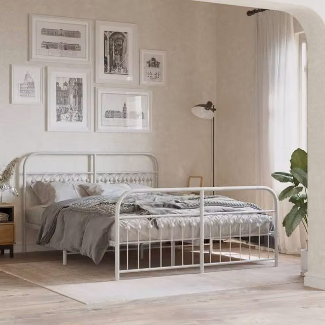 Berkfield Home Metal Bed Frame with Footboard, White, W/D/H: 150 x 200 cm – 1
