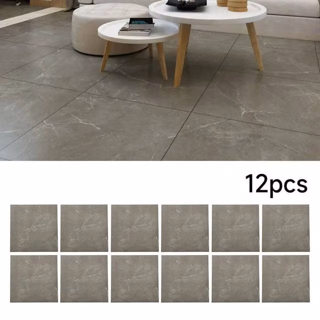 Kelvenix Set of 12 Self-Adhesive Stone-Look Floor Tiles, Grey Concrete, W: 52 cm, L: 1000 cm