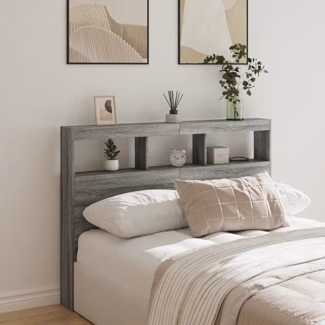Berkfield Home Modern Headboard Cabinet in Grey Sonoma with Integrated LED Lighting and USB Charging Port, W/D/H: 140 x 17 x 102 cm – 1