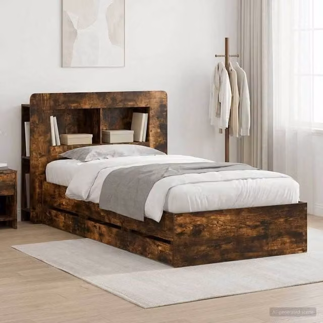 Berkfield Home Modern Bed Frame with Storage Drawers in Smoked Oak Brown, W: 75 cm, L: 190 cm