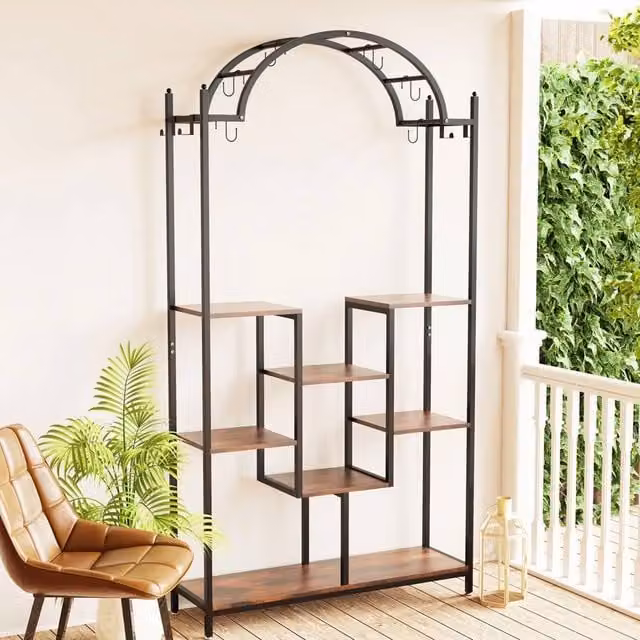 Havendro Large Heavy Duty Arched Metal Plant Stand with Hooks in Black