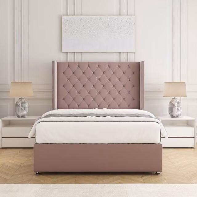 BSSPOKE Olivia Plush Velvet Divan Bed Set with 54 inch Headboard and Mattress in Pink, W/D/H: 90 x 190 cm